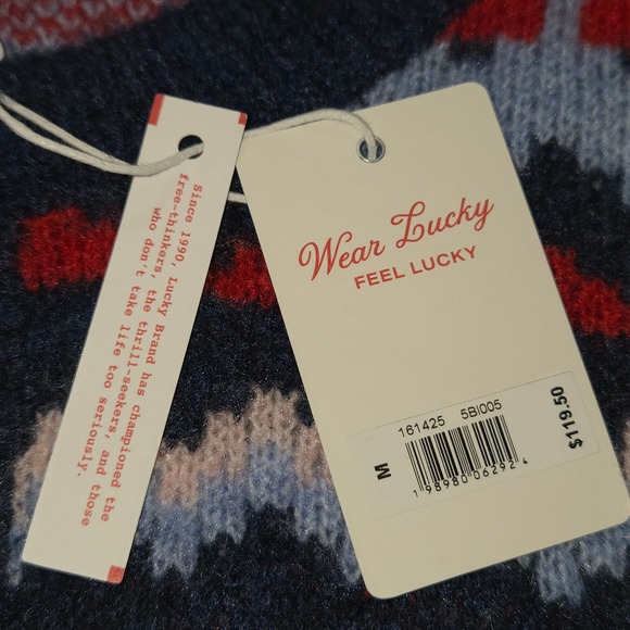 Lucky Brand Fair Isle Heart Cardigan Sweater Navy Red Blue 5BI005 Womens M NEW - Picture 12 of 13